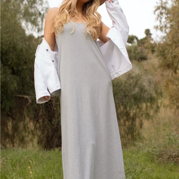 Carly Jean Los Angeles Light Gray Spaghetti Strap Maxi Dress - Picture 6 of 10